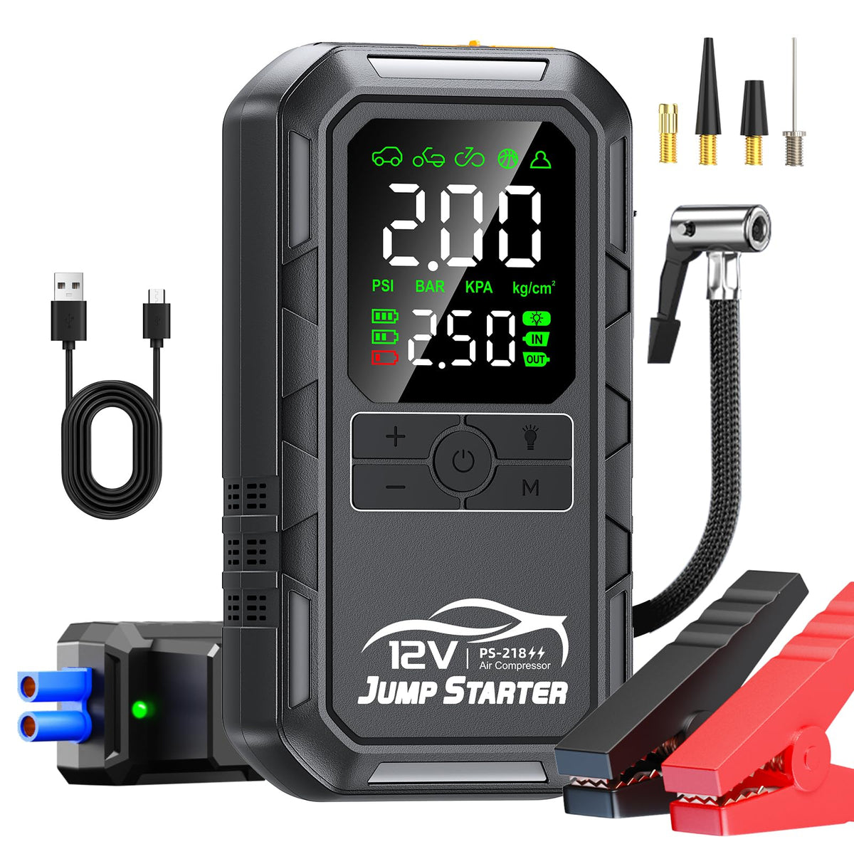 FMOOO front view of jump starter showing ports and controls, dependable roadside support