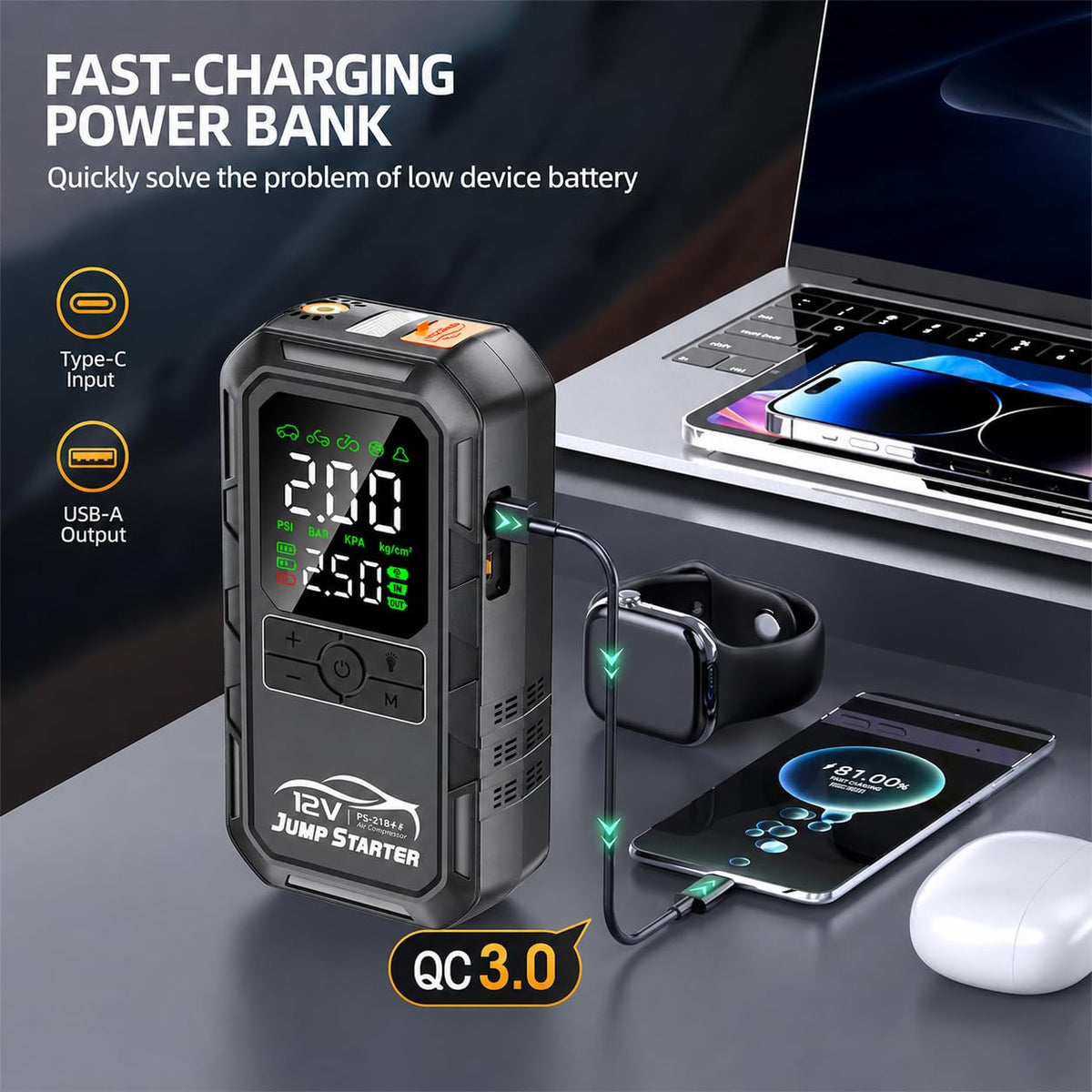 FMOOO jump starter connected to a car battery delivering fast reliable starting power