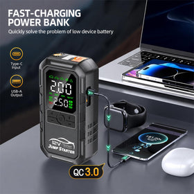FMOOO jump starter connected to a car battery delivering fast reliable starting power