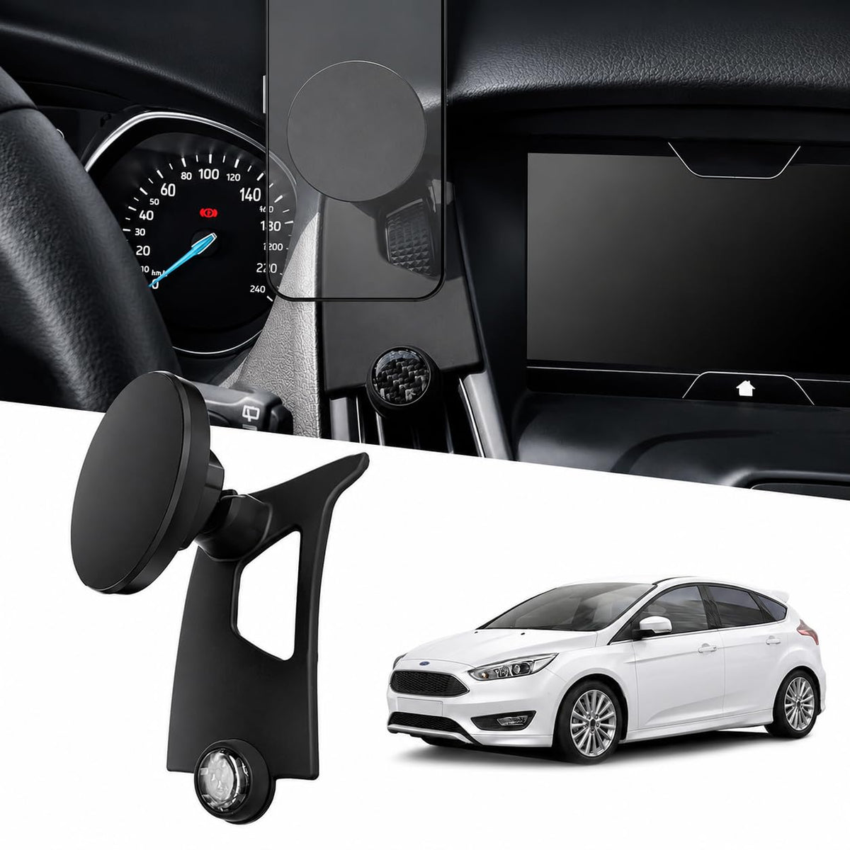 Focada front view showing mount clipped beside Ford Focus screen for easy reach