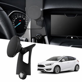 Focada front view showing mount clipped beside Ford Focus screen for easy reach