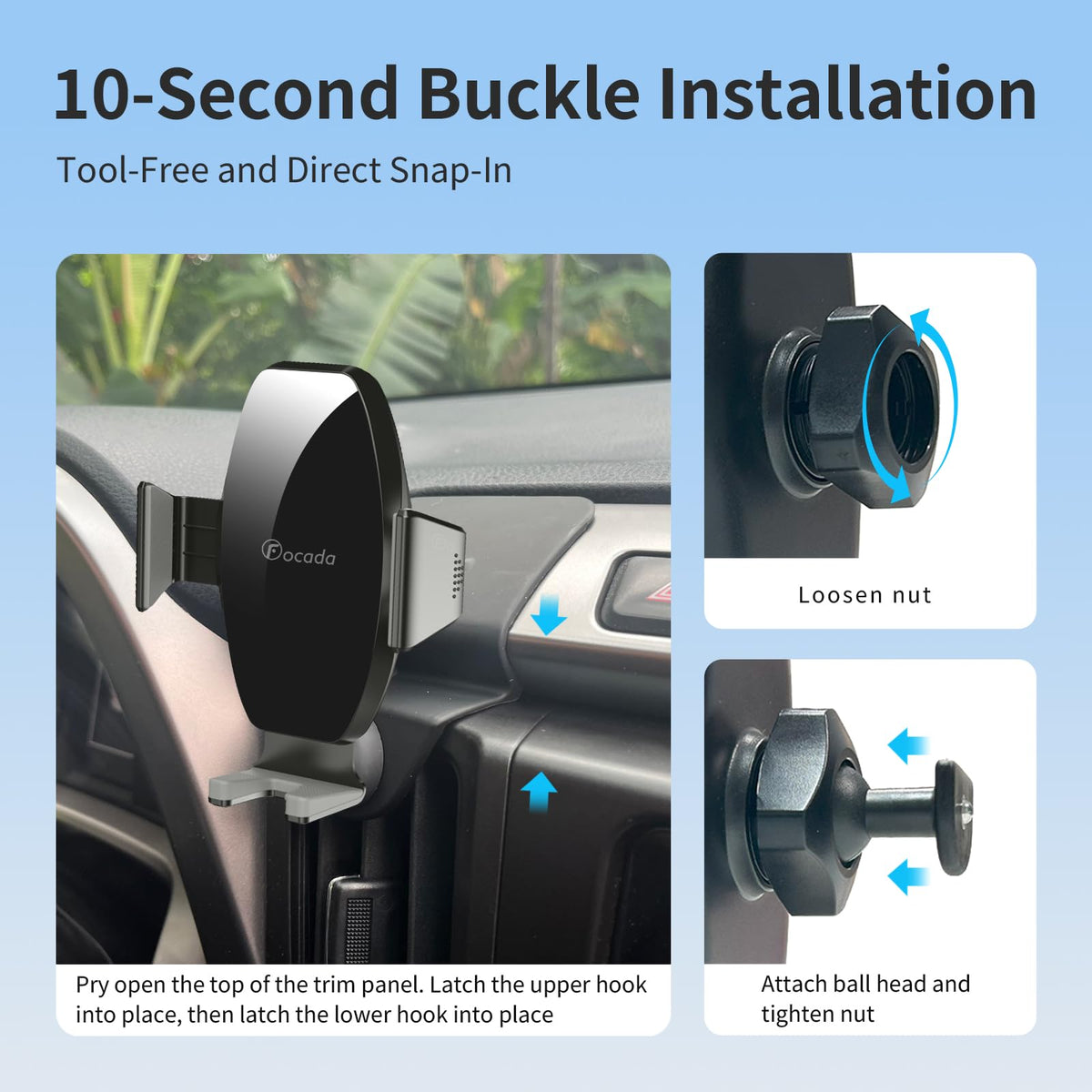 Focada magnetic cradle holding phone with charging cable accessible