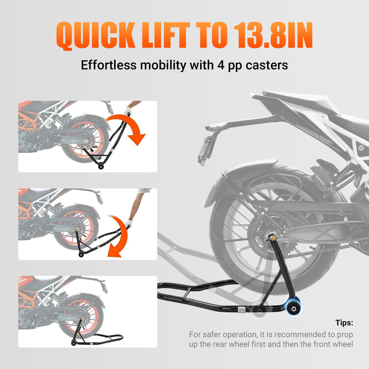 FocoMyLord stand lifting a motorcycle rear wheel for maintenance and cleaning