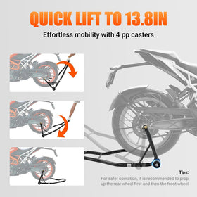 FocoMyLord stand lifting a motorcycle rear wheel for maintenance and cleaning