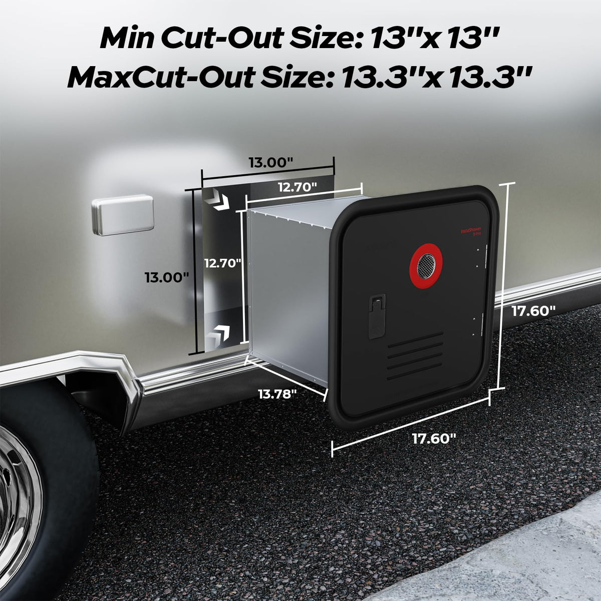 FOGATTI size comparison with measuring tape showing 13×13 opening compatibility