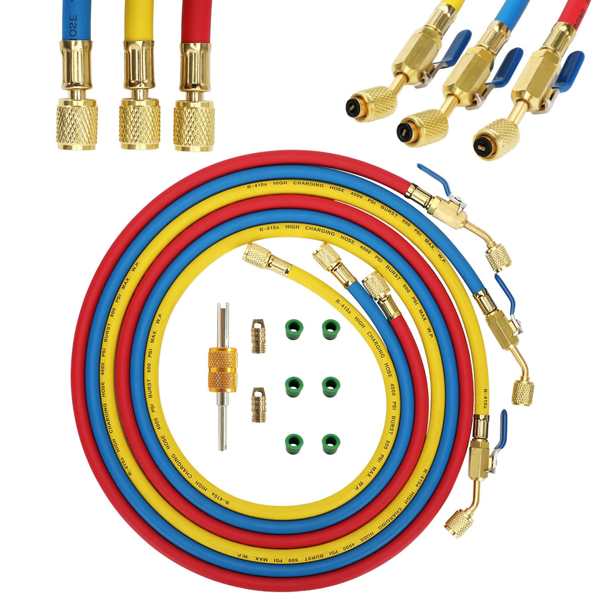 Foinwer front view of three color-coded hoses and kit packaging for fast identification