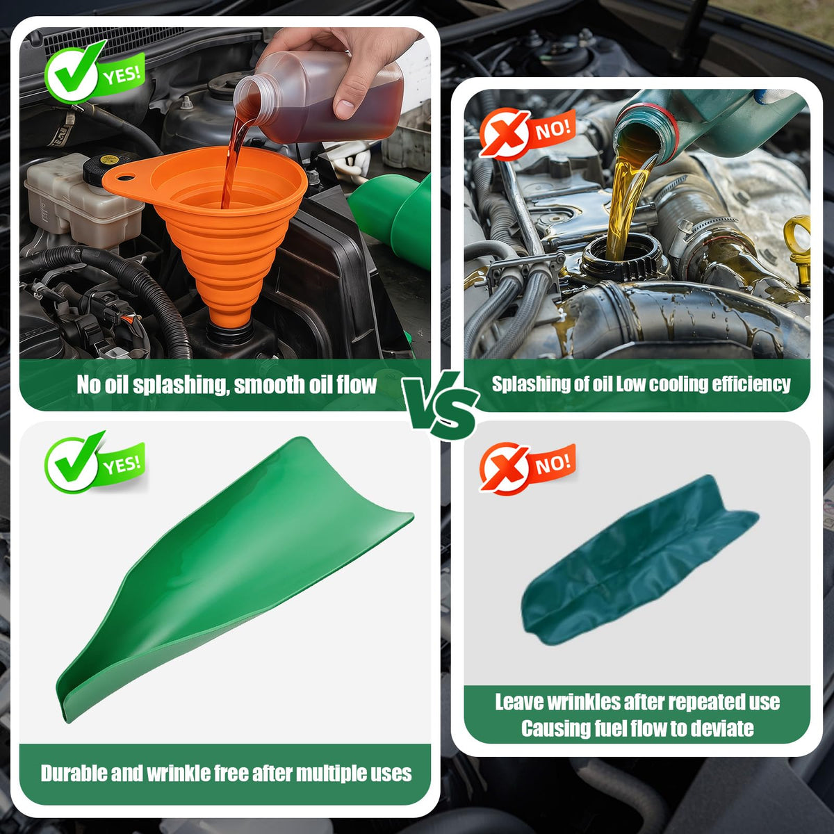 Foivieide small funnel fitted inside engine bay demonstrating tight-space routing benefit