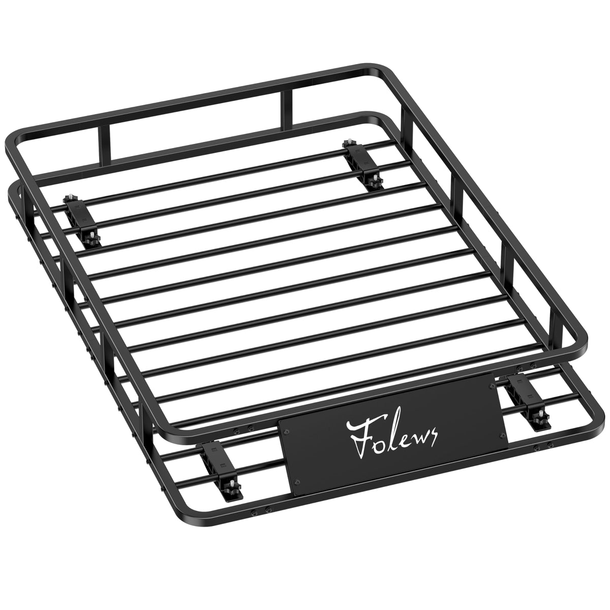 Folews front view of roof basket showing aerodynamic fairing and compact profile for quieter drives