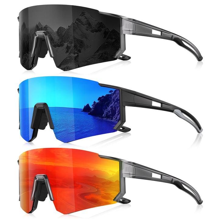 Foliful front view of sunglasses showing sporty frame and lens benefit: secure coverage
