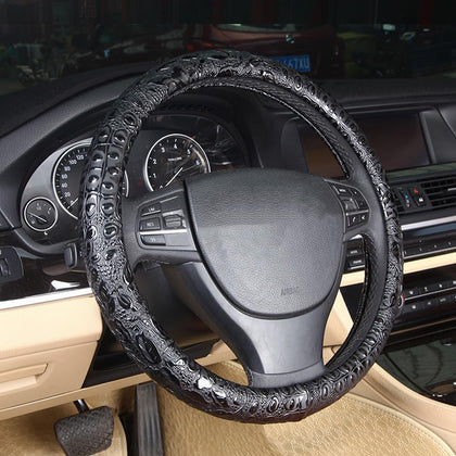 Follicomfy front view of black crocodile and rose grain cover showing sporty look and protection