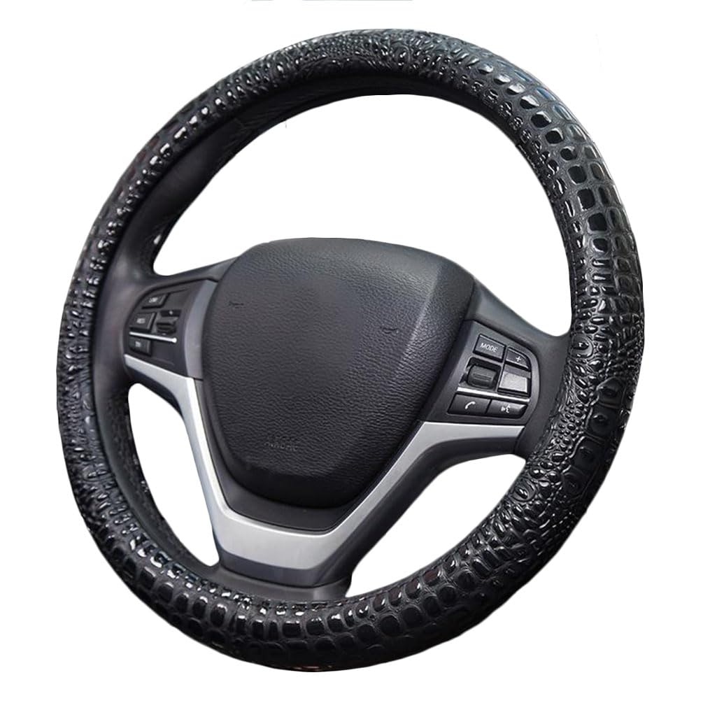 Follicomfy steering wheel cover front view showing sleek black finish and improved style
