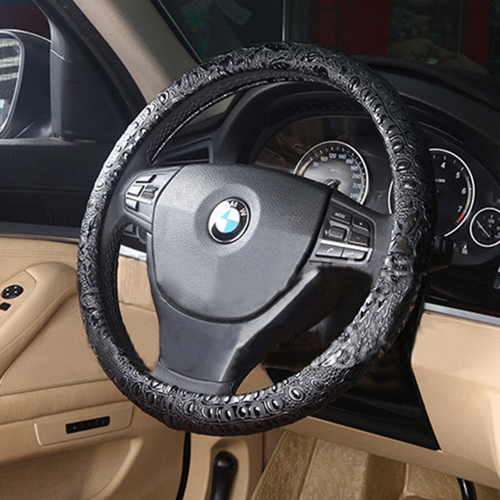 Follicomfy side profile of cover installed on steering wheel showing improved comfort
