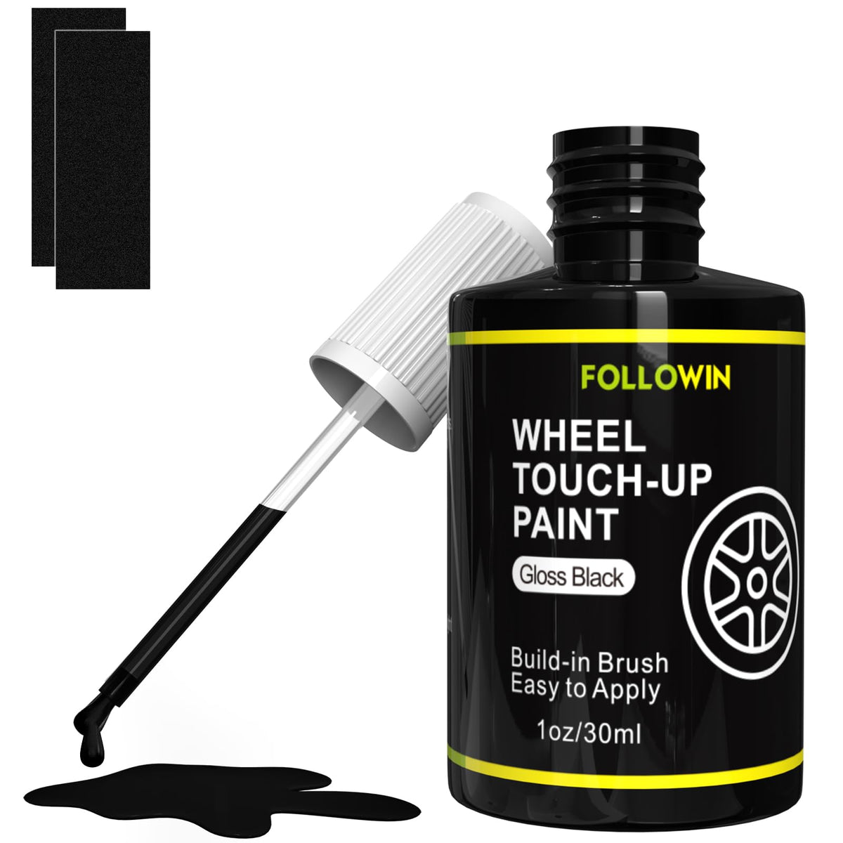 FOLLOWIN gloss black rim paint bottle front view showing kit and label benefit quick fix