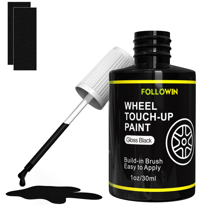 FOLLOWIN gloss black rim paint bottle front view showing kit and label benefit quick fix