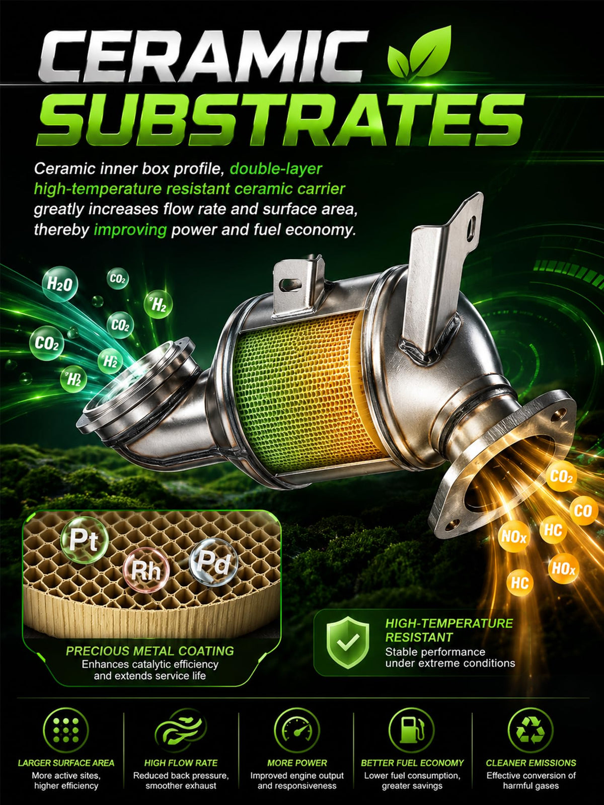 FOMIUZY ceramic substrate close-up illustrating catalyst structure and efficiency benefit