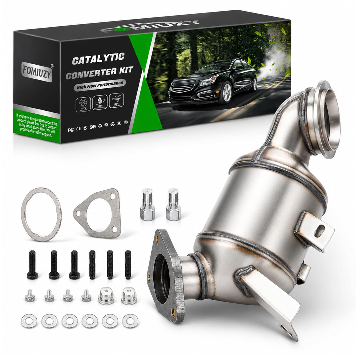 FOMIUZY catalytic converter front view showing fitment and clean finish benefit