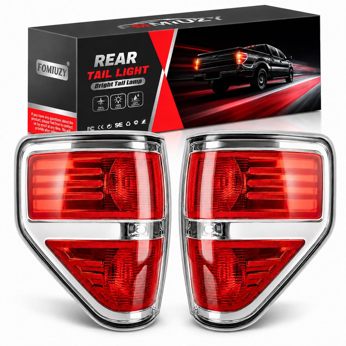 FOMIUZY front view taillight assembly showing exact OEM-style fit and clean finish