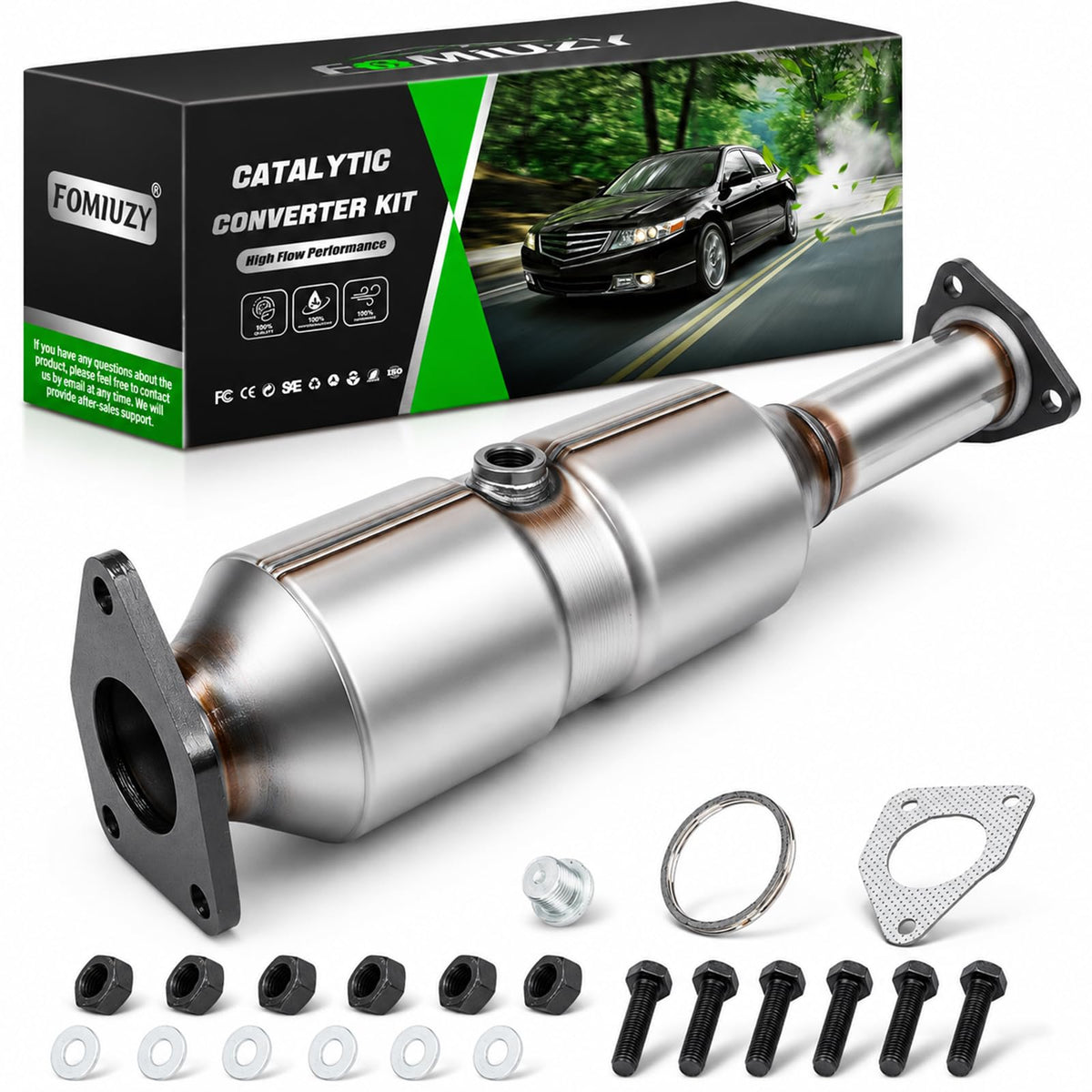 FOMIUZY front catalytic converter front view showing direct-fit and corrosion resistance benefit