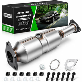 FOMIUZY front catalytic converter front view showing direct-fit and corrosion resistance benefit
