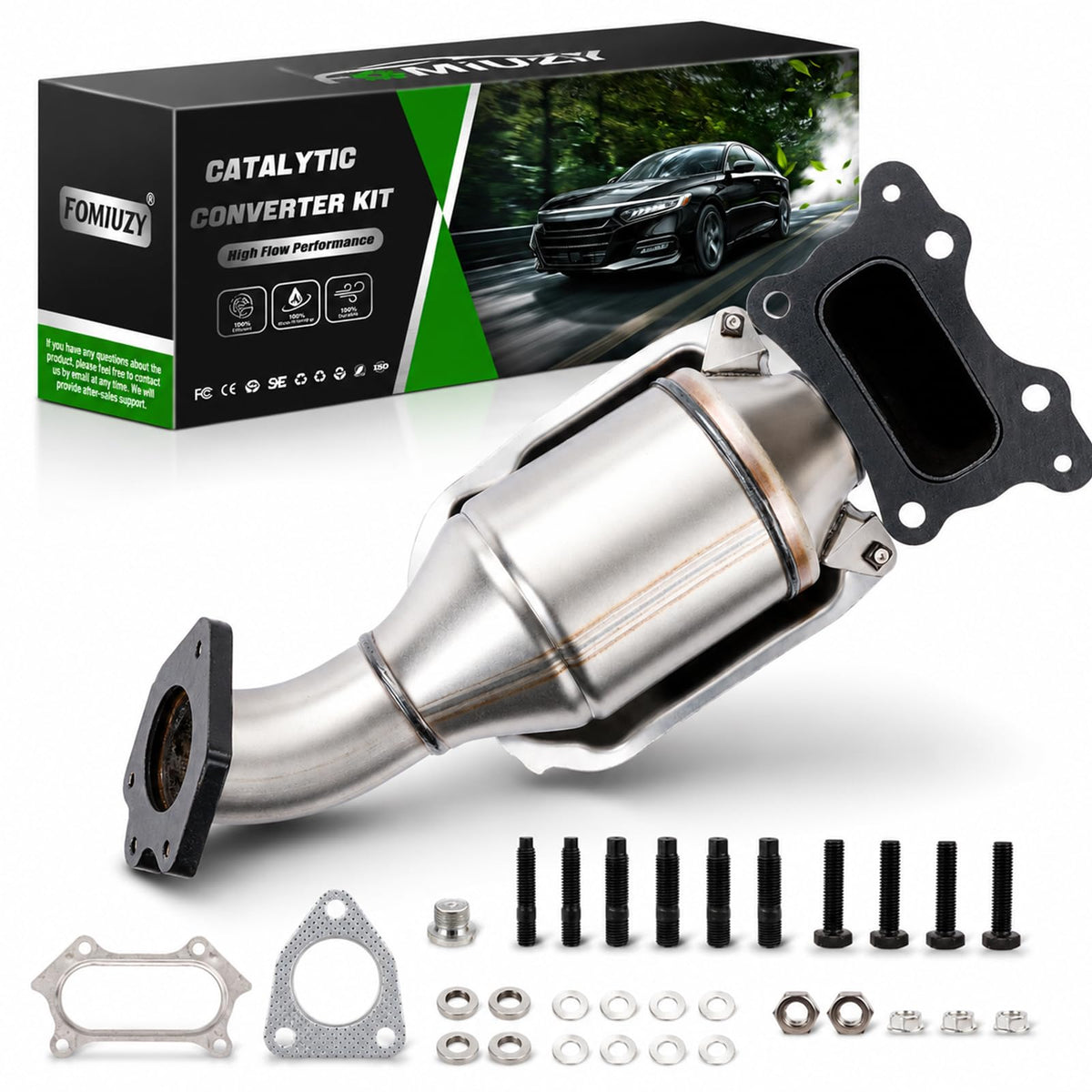 FOMIUZY front catalytic converter overview showing full unit and fit benefit