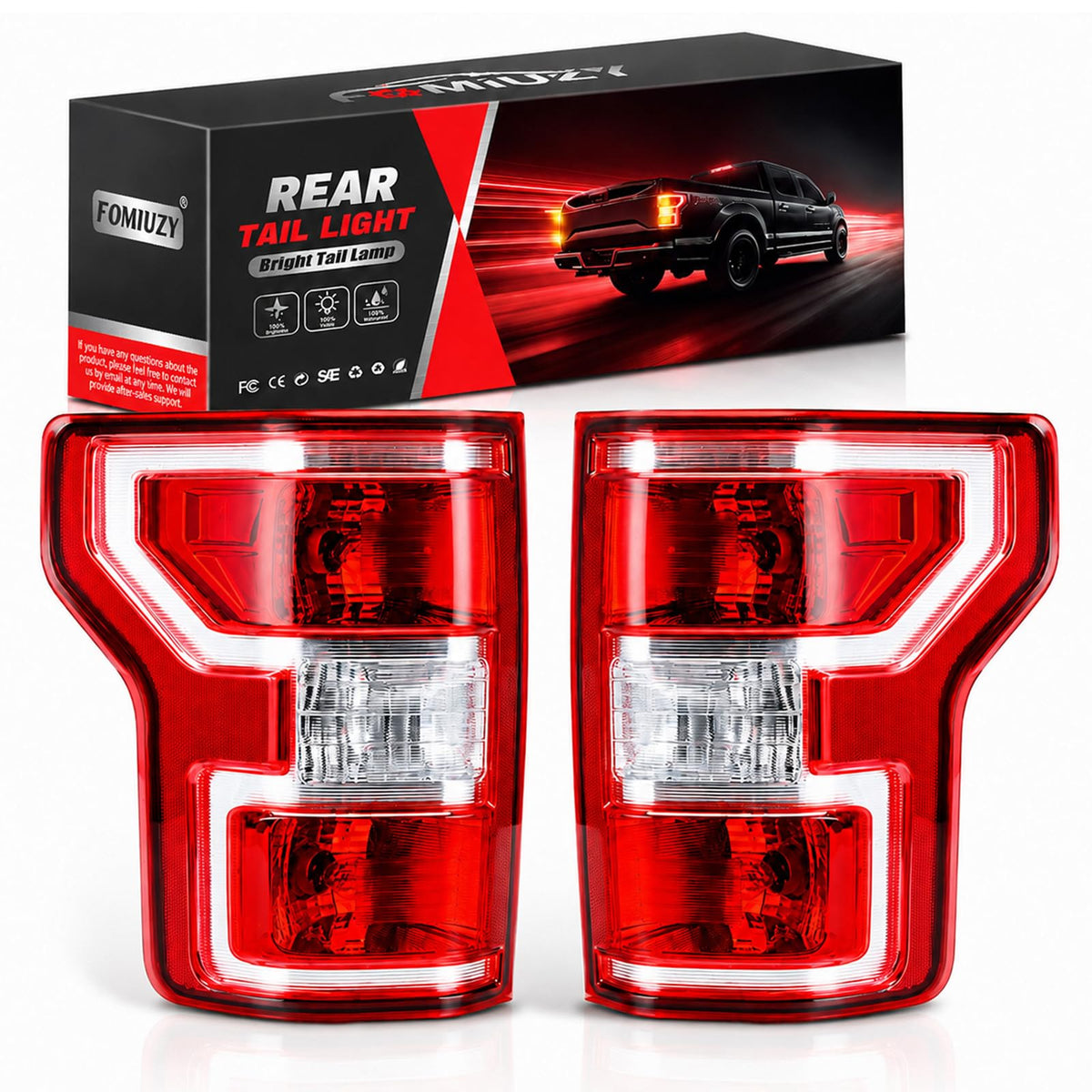 FOMIUZY front view tail light showing complete assembly and OEM fit