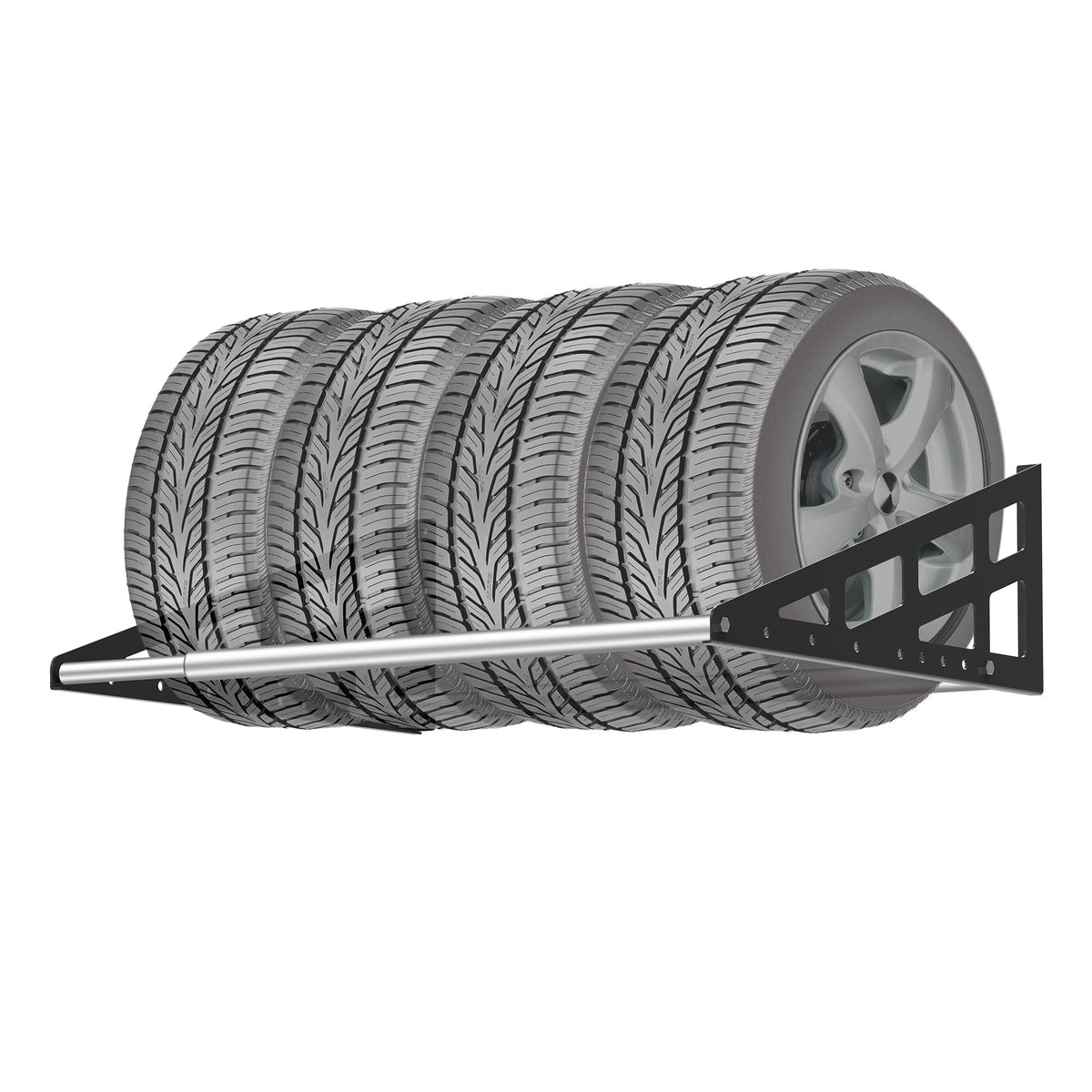 Foozet front view of wall-mounted tire rack showing compact storage benefit