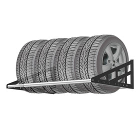 Foozet front view of wall-mounted tire rack showing compact storage benefit