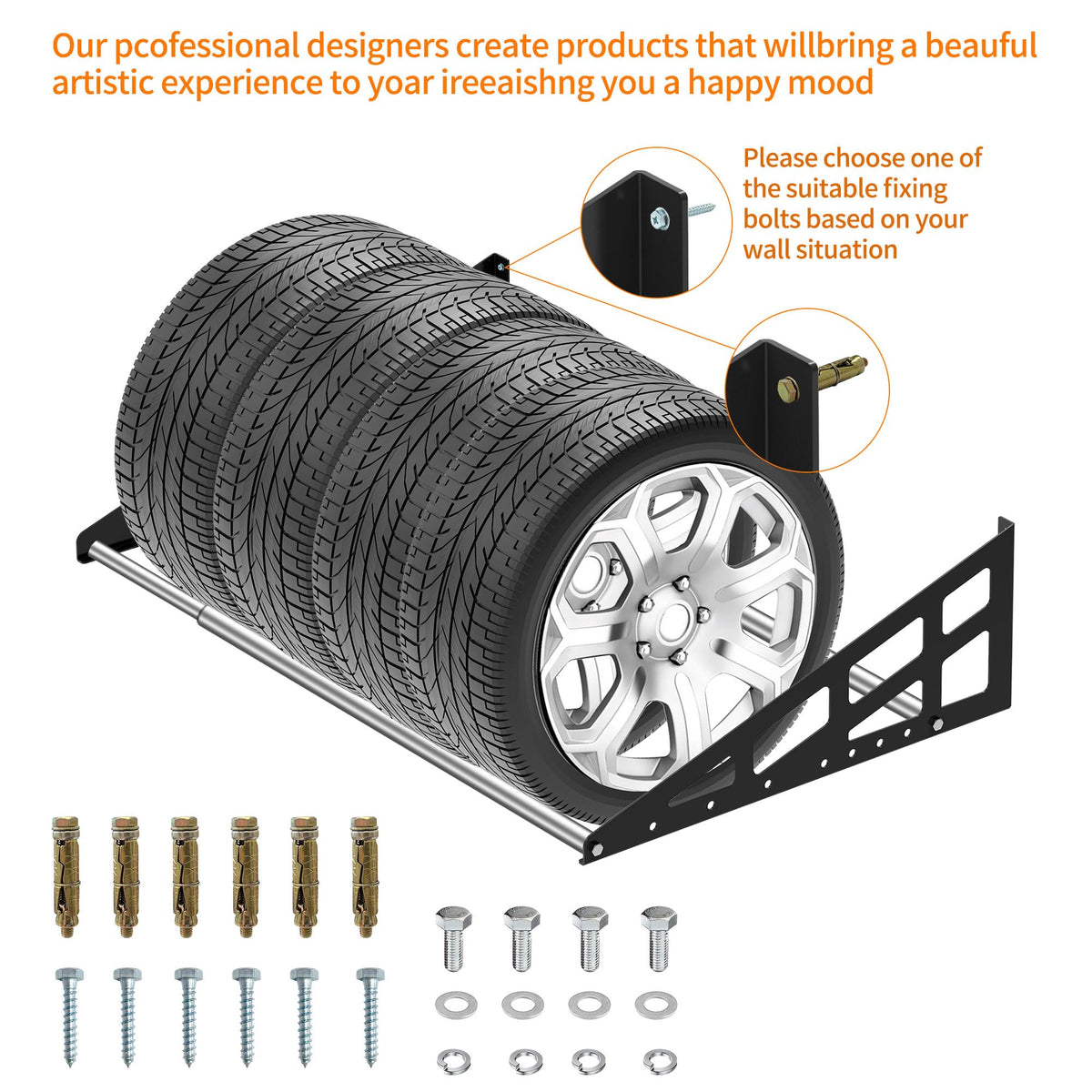 Foozet rack loaded with four tires illustrating efficient floor space savings