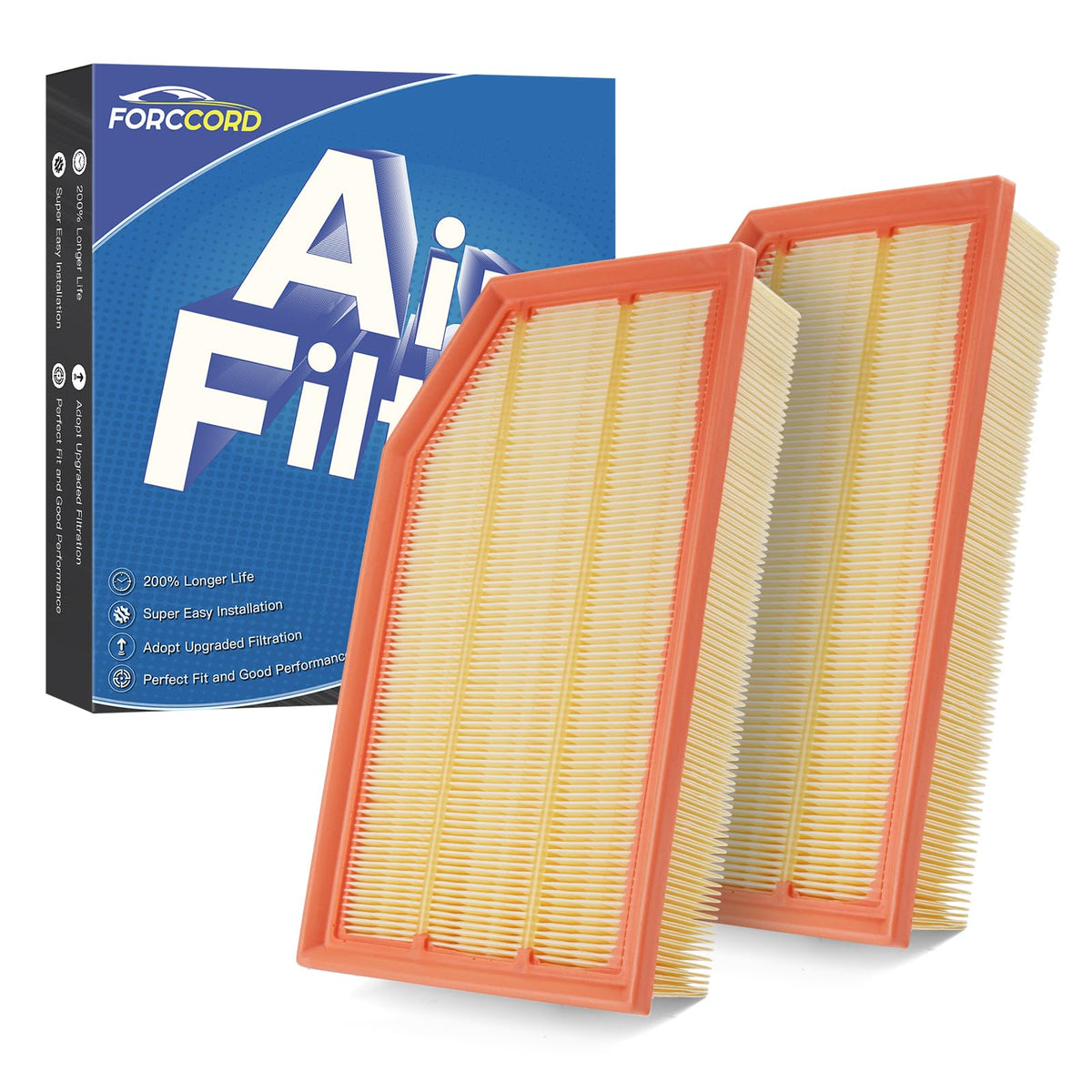 Forccord front packaging showing the 2-pack filters and clear vehicle fitment benefit