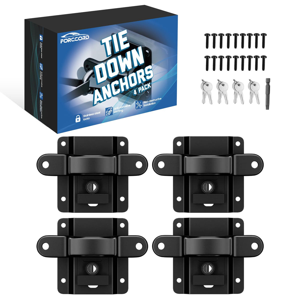 Forccord front packaging showing 4-pack anchors and benefit of complete kit