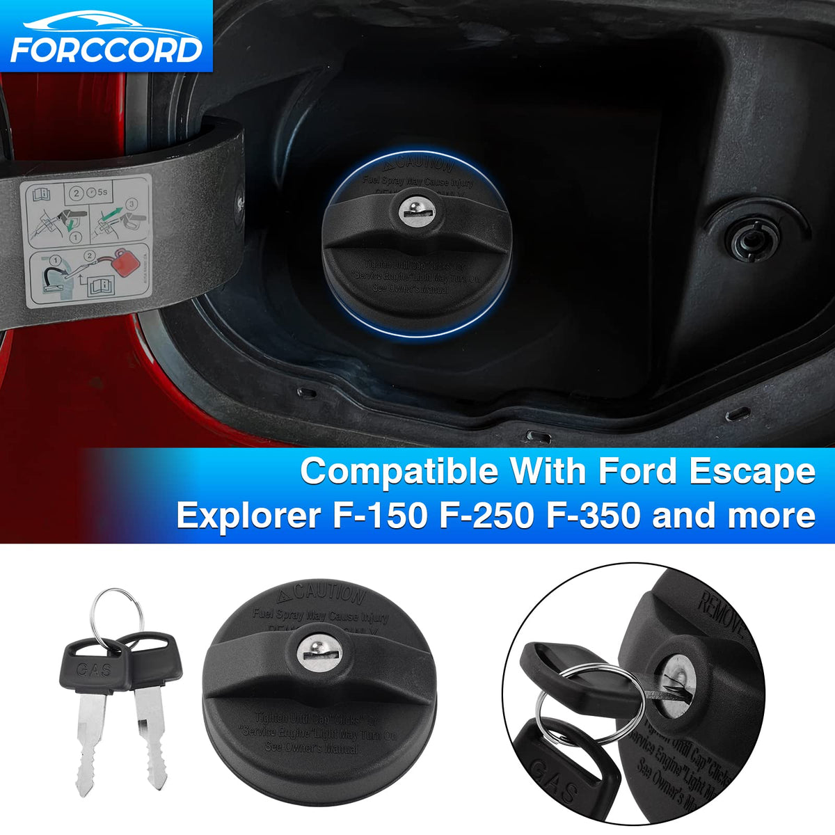 Forccord fuel cap lock detail with key for security and theft deterrence