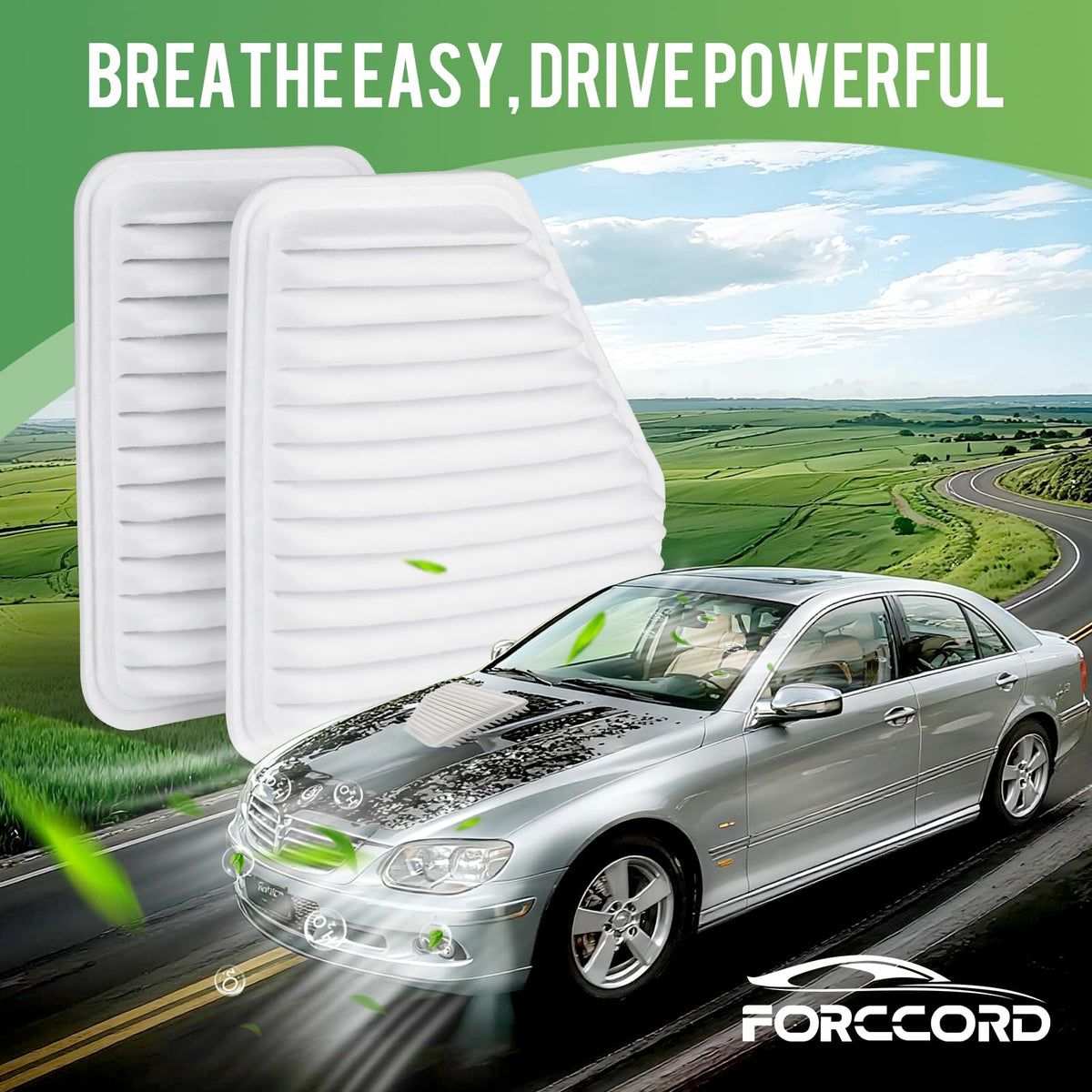 Forccord installed in car driving scene highlighting cleaner intake air and protection