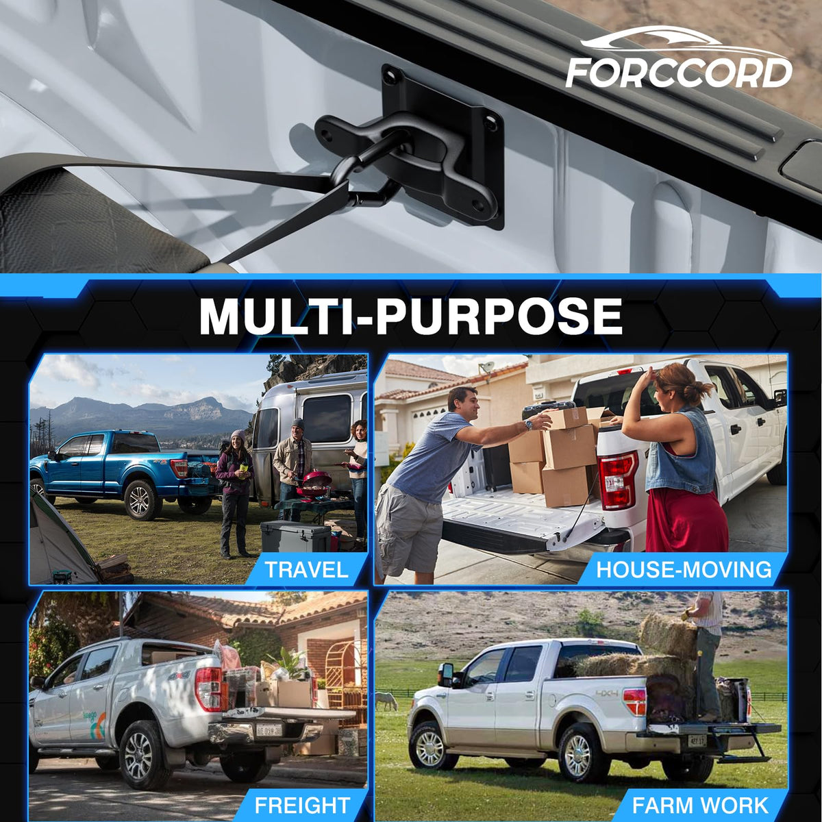 Forccord anchors in truck bed hauling gear safely for work or weekend trips