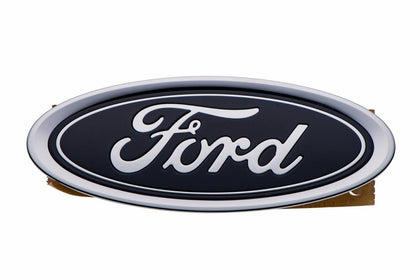 Ford blue oval emblem front view showing chrome finish and authentic styling benefit