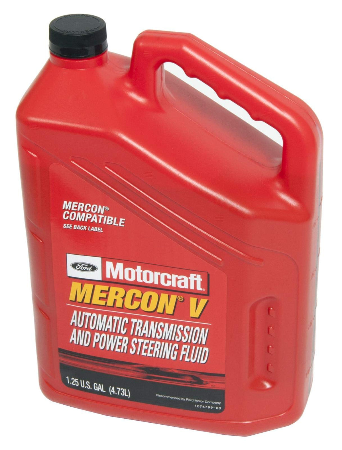Ford Motorcraft MERCON V front label showing product and leak-detection benefit