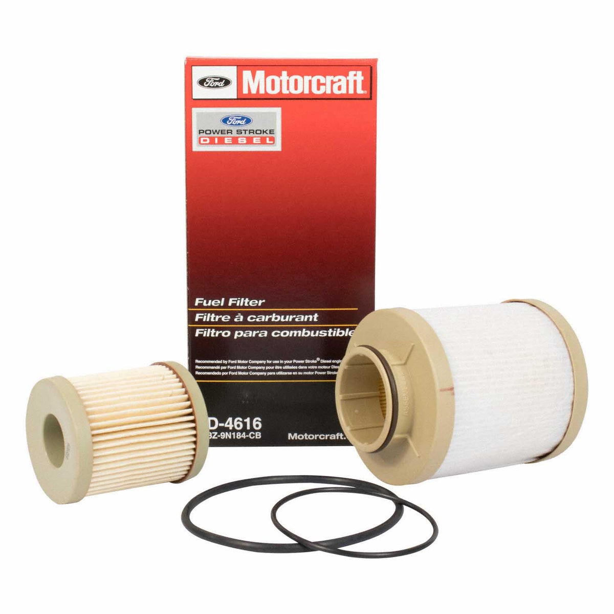 Ford Motorcraft FD-4616 front view showing filter and benefits of OEM fit