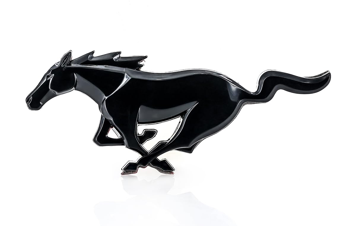 Ford black Pony emblem front view showing sleek logo and clean finish