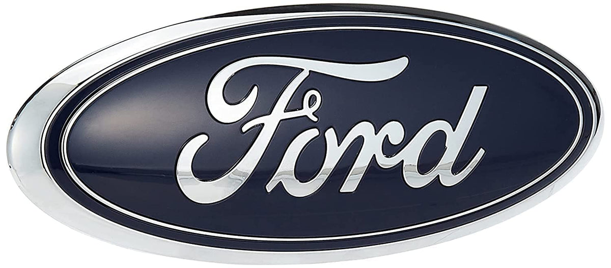 Ford dark blue nameplate front view showing clean OEM styling and accurate fit