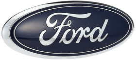 Ford dark blue nameplate front view showing clean OEM styling and accurate fit