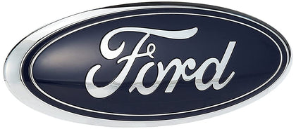 Ford dark blue nameplate front view showing clean OEM styling and accurate fit
