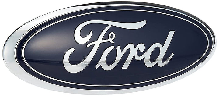 Ford dark blue nameplate front view showing clean OEM styling and accurate fit