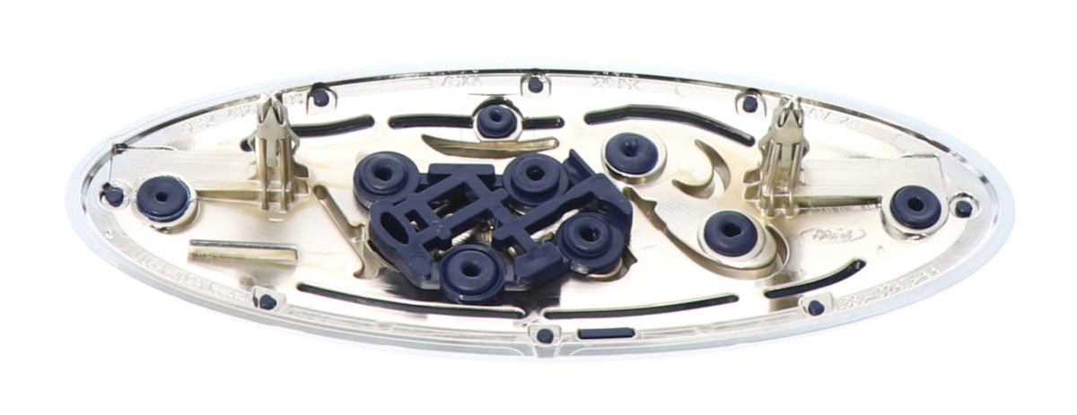 Ford nameplate mounting clips detail showing secure attachment and durable backing