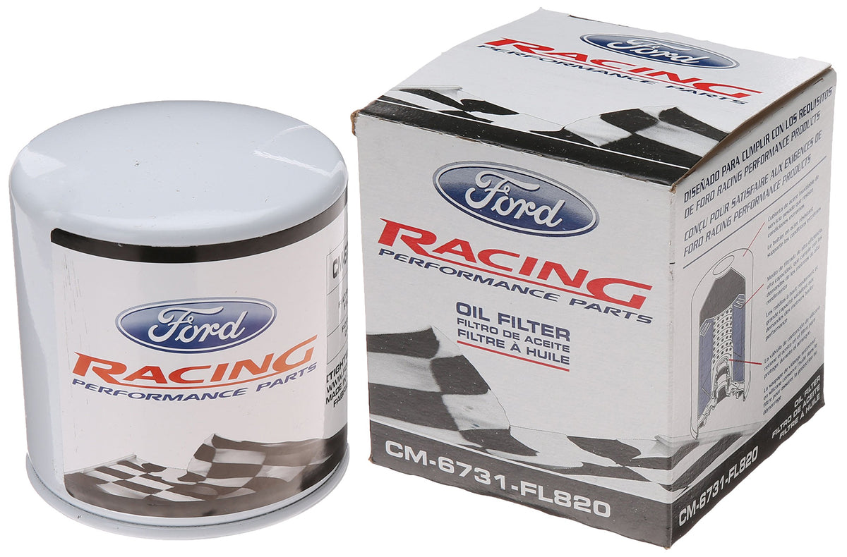 Ford Racing CM6731FL82 front view showing white canister and label for easy inspection and fit verification