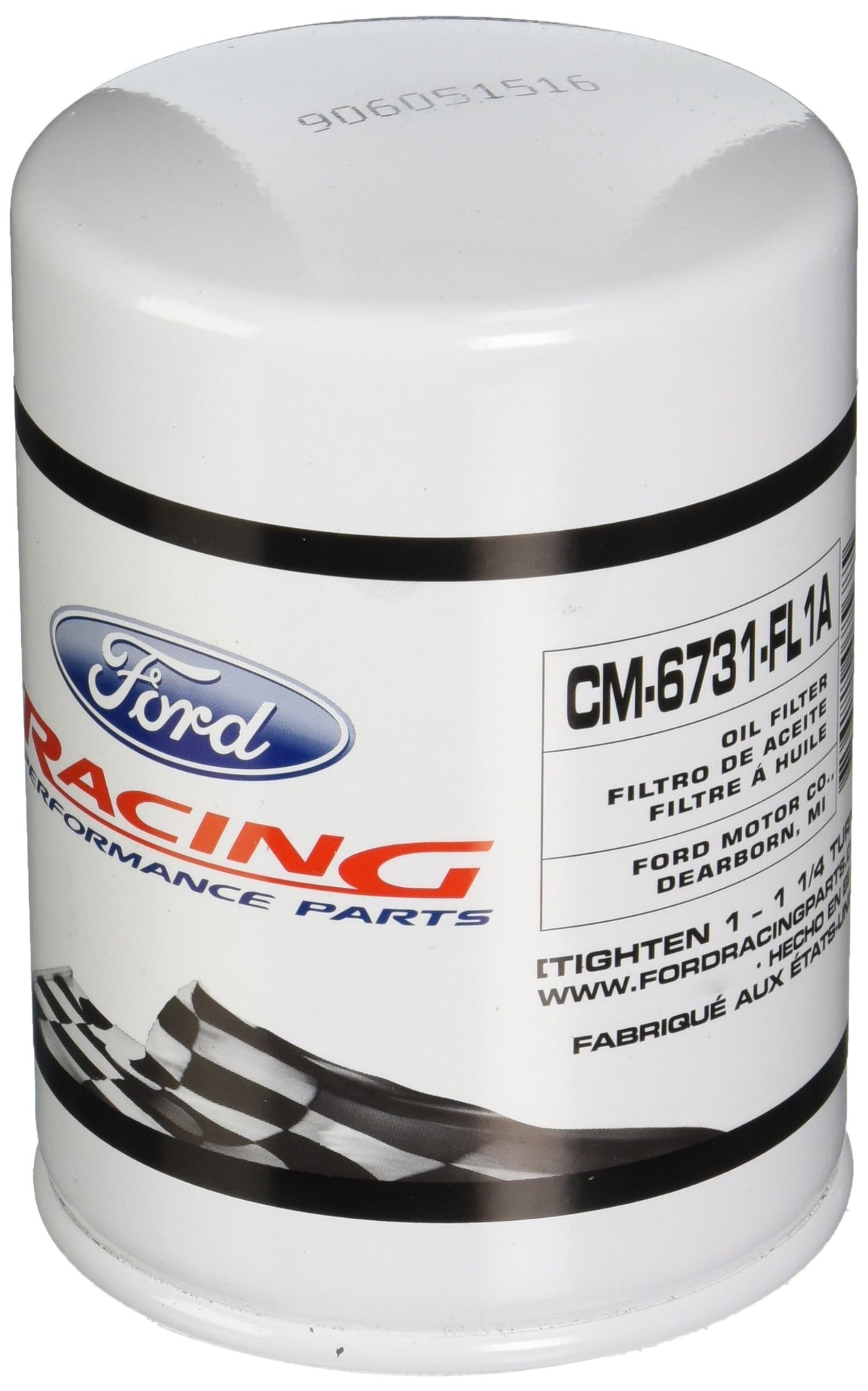 Ford Racing oil filter front view showing durable construction and improved engine protection