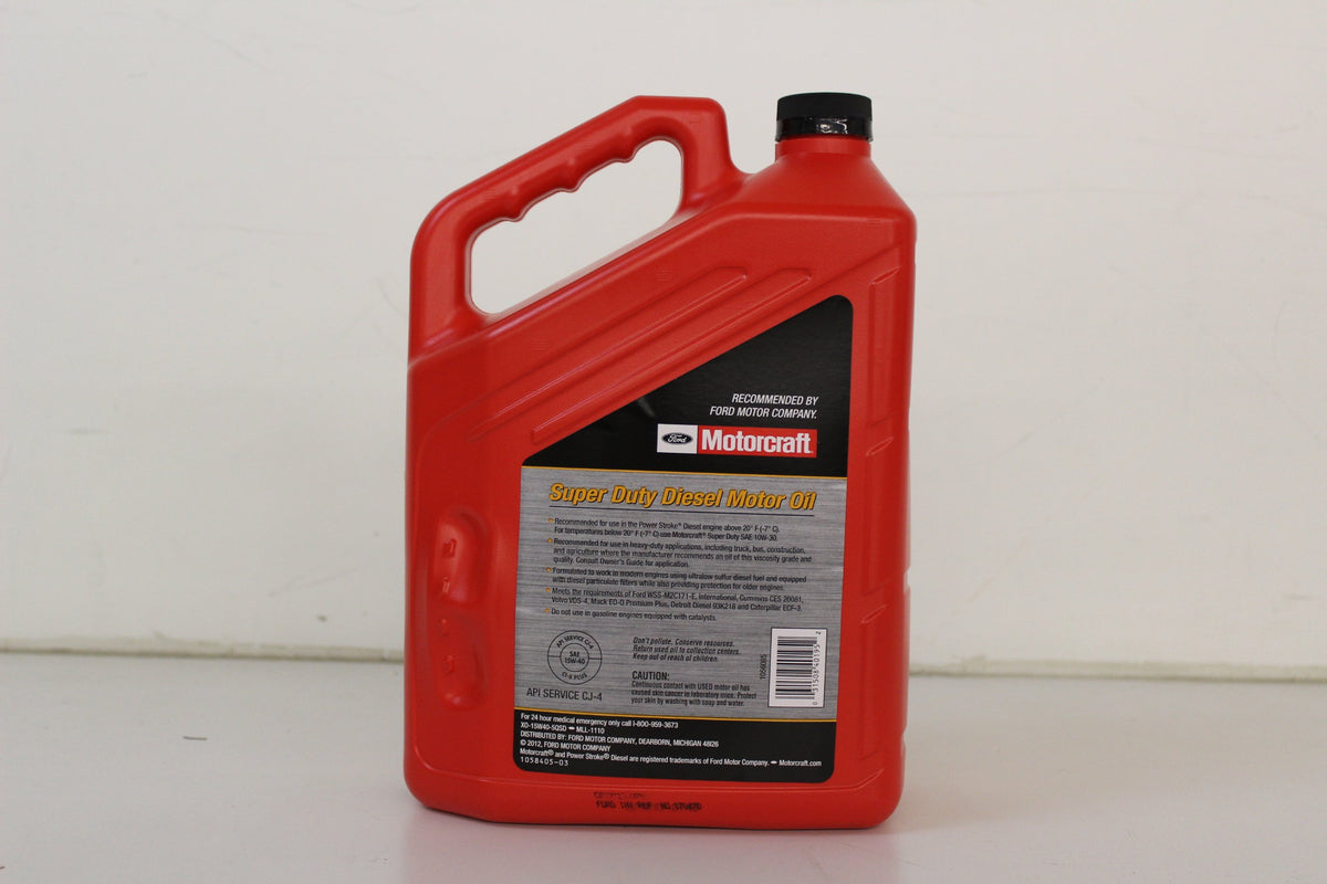 Close-up of Ford XO-15W40-5QSD label and spout highlighting product details and pouring control