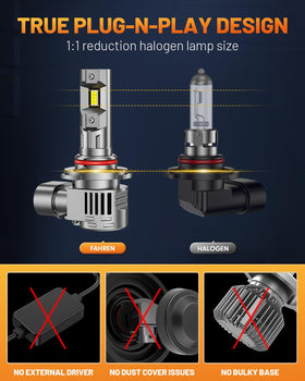 FORENNER next to stock halogen for size comparison showing 1:1 fitment