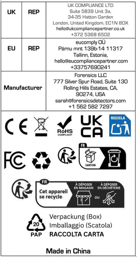 FORENSICS DETECTORS FD packaging and warranty card showing factory calibration and included one-year warranty