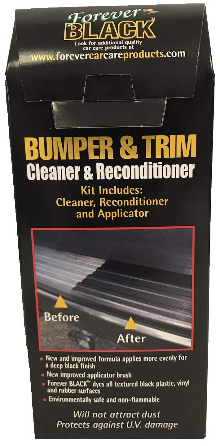 Forever Car Care Products before and after bumper restore showing restored black finish