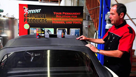 Forever Car Care Products Forever Black side-by-side trim before and after showing renewed color