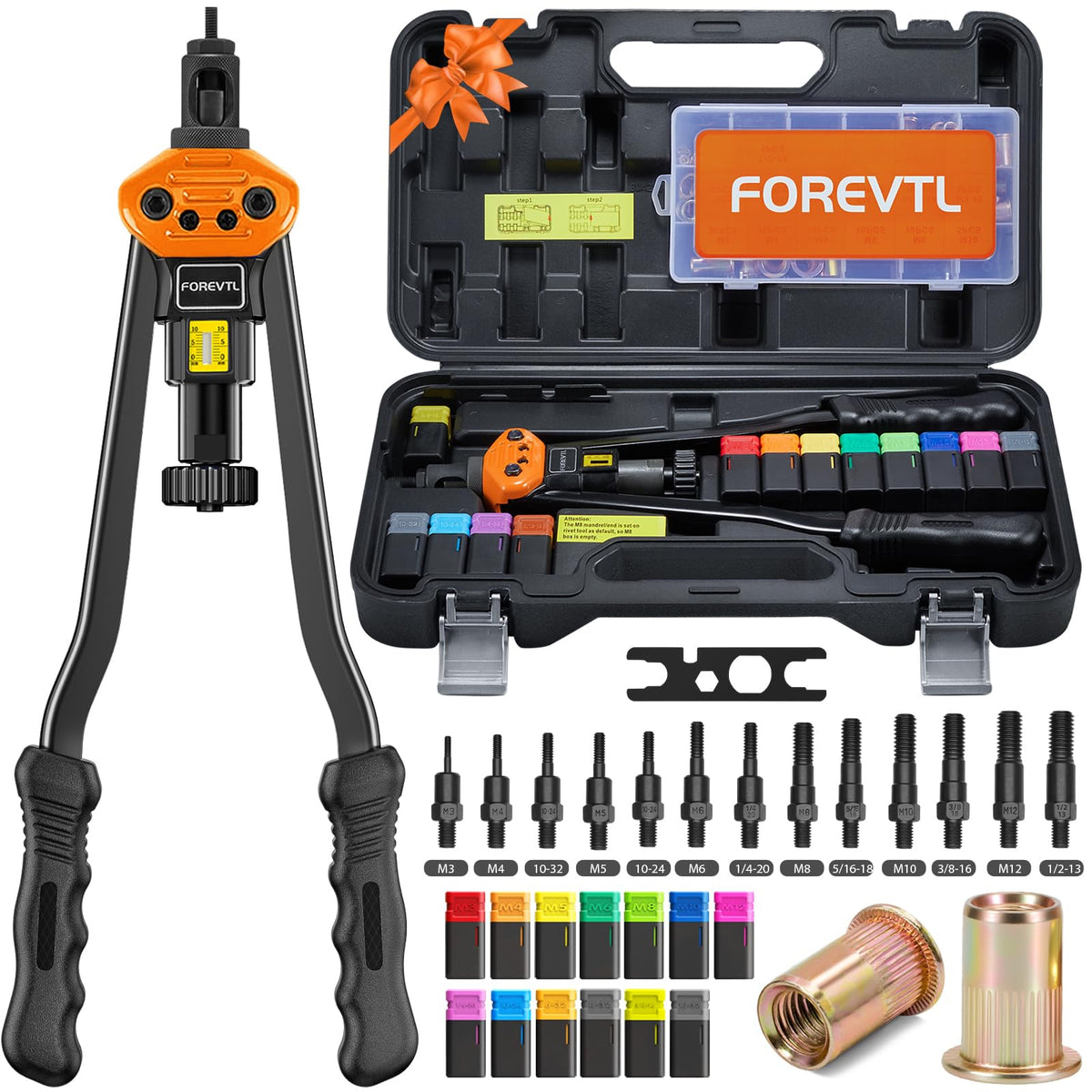 FOREVTL rivet nut tool front view showing durable construction and organized layout